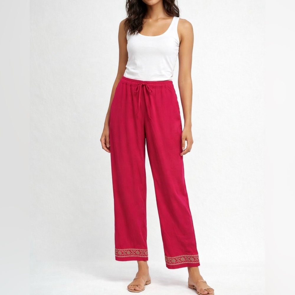 Red Boho Wide Leg Pants Embroidered Hem Drawstring Waist Lounge Resort Vacation